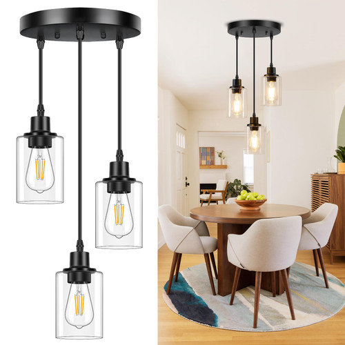 Licperron 3-Light Pendant Light Fixtures, Black Pendant Lights Kitchen Island, Adjustable Pendant Lighting with Clear Glass Shade, Modern Hanging Light Fixtures for Dining Room, Hallway, Living Room Licperron 3-Light Pendant Light Fixtures, Black Pendant Lights Kitchen Island, Adjustable Pendant Lighting with Clear Glass Shade, Modern Hanging Light Fixtures for Dining Room, Hallway, Living Room