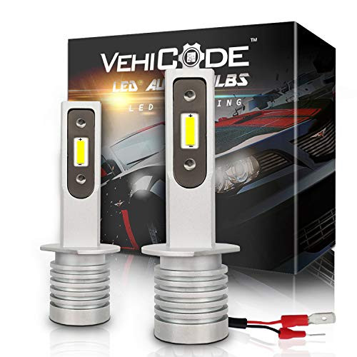 VehiCode H1 LED Headlight Bulbs Slim Conversion Kit (Fog Light) - High Power 6-CSP 2121 LED - 5500lms 6000K White DRL Projector High or Low Beam Plug-N-Play Fanless Replacement (2 Pack)