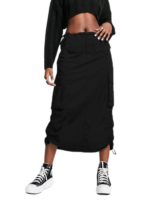 BLUEMING Cargo Midi Skirts for Women Y2K Drawstring Waist Casual Back Split Skirts with Pockets_Black_2XL-1