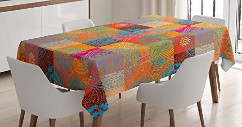 Ambesonne Batik Decor Tablecloth, Vintage Forms with Oriental Repeating Shapes and Lines Asian Authentic Decoration, Dining Room Kitchen Rectangular Table Cover, 60W X 84L inches, Multi