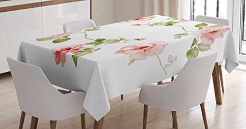 Ambesonne Floral Tablecloth, Romantic Rose Flower Petals Shabby Chic Kitsch Love Blooms Design, Dining Room Kitchen Rectangular Table Cover, 60 W X 84 L Inches, Green Peach