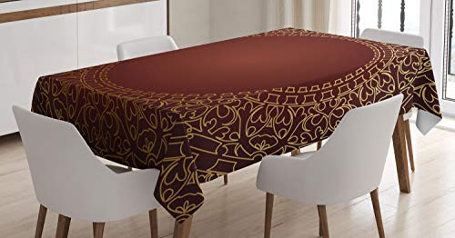 Ambesonne Maroon Tablecloth, Vintage Frame with Eastern Motifs Traditional Retro Classic Art, Dining Room Kitchen Rectangular Table Cover, 60 W X 84 L inches, Earth Yellow Pale Yellow Ruby