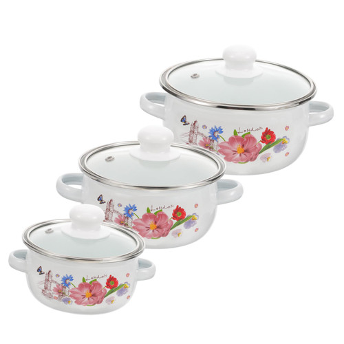 NOLITOY 3pcs Pots Vintage Stew Pot Nonstick Cookware Dual Handle Cooking Pot Casserole Pot Wear-resistant Stockpot Soup Pot with Lid Milk Pan Deep Stockpot White Spaghetti Camping Enamel