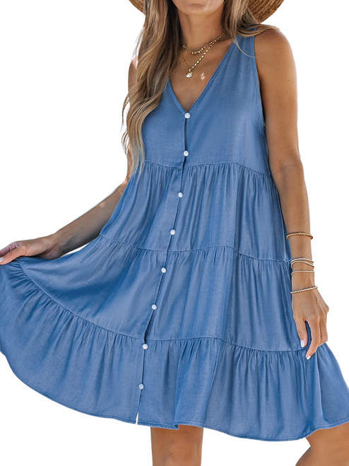 CUPSHE Women's V Neck Button Mini Dress A Line Sleeveless Ruffled Summer Dress Short Dress Blue