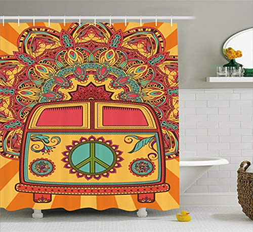 Ambesonne 70s Party Decorations Shower Curtain, Hippie Vintage Mini Van Ornamental Backdrop Peace Sign, Fabric Bathroom Decor Set with Hooks, 70 Inches, Coral Orange