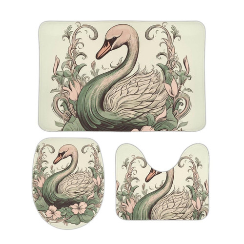 Bathroom Rugs Sets 3 Piece Super Absorbent Bathroom Mats Set Swan on Leaves Bath Rug, Contour Mat and Toilet Lid Cover, Washable Non-Slip Bath Mats Carpet for Bathroom