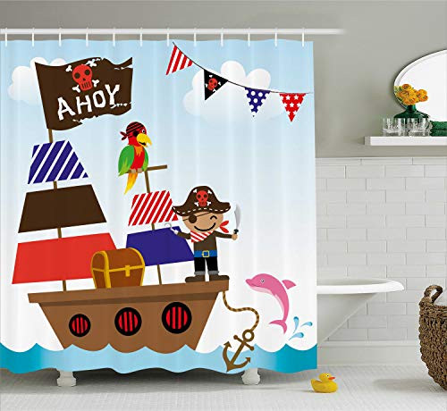 Ambesonne Ahoy Its a Boy Shower Curtain, Cute Pirate Kids Treasure Chest with Ship on Ocean Background Illustration, Fabric Bathroom Decor Set with Hooks, 70 Inches, Blue Brown Ambesonne Ahoy Its a Boy Shower Curtain, Cute Pirate Kids Treasure Chest with Ship on Ocean Background Illustration, Fabric Bathroom Decor Set with Hooks, 70 Inches, Blue Brown