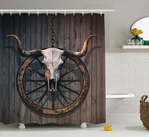 Ambesonne Barn Wood Wagon Wheel Shower Curtain, Long Horned Bull Skull and Old West Wagon Wheel on Rustic Wall, Fabric Bathroom Decor Set with Hooks, 70 Inches, Black Brown