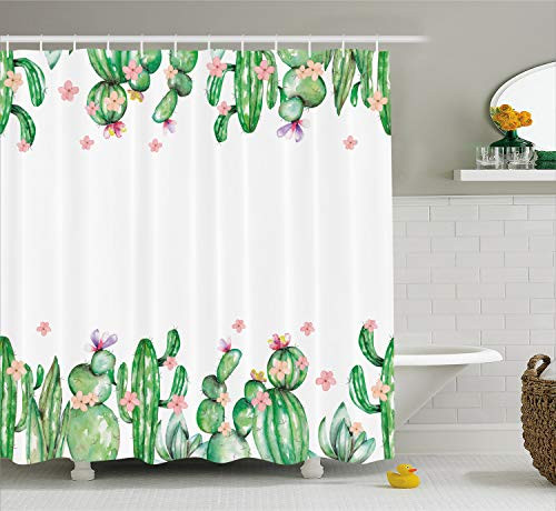Ambesonne Cactus Decor Shower Curtain by, Mexico Style Romantic Tender Blossoms and Barren Heath Vegetation, Fabric Bathroom Decor Set with Hooks, 70 Inches, Green Coral