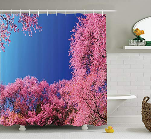 Ambesonne House Decor Shower Curtain Set, Cherry Blossom with Clear Sky Sunny Day View Country Road Garden Spring Landscape, Bathroom Accessories, 69W X 70L Inches, Fuchsia Blue