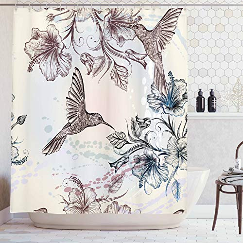 Ambesonne Hummingbirds Decorations Shower Curtain Set, Birds and Hibiscus Flowers Nostalgia Antique Artistic Design Classic Home, Bathroom Accessories, 69W X 70L Inches, Teal Brown