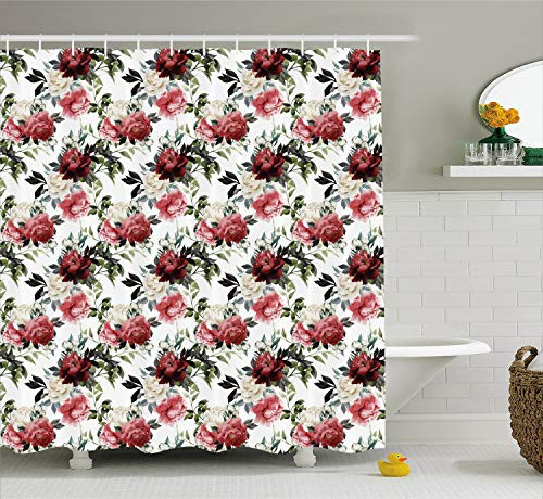 Ambesonne Shabby Chic Shower Curtain, Floral Flower Roses Buds with Leaves and Branches Art Print, Cloth Fabric Bathroom Decor Set with Hooks, 70 Inches, Olive Green