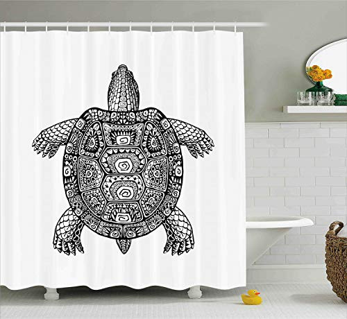 Ambesonne Turtle Shower Curtain, Tribal Patterns on Turtle Illustration Monochrome Animal Themed Tortoise Print, Fabric Bathroom Decor Set with Hooks, 70 Inches, White Black