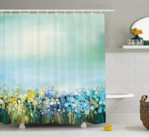 Ambesonne Watercolor Flower Home Decor Shower Curtain, Aqua Impressionist Field Paint with Blooms Tranquil Concept, Fabric Bathroom Decor Set with Hooks, 70 Inches, Soft Blue