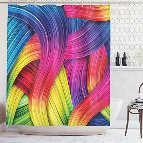 Ambesonne Abstract Home Decor Collection, Colorful Abstract Swirl Wavy Stripe Retro and Summer Sunny Joyful Design, Polyester Fabric Bathroom Shower Curtain Set with Hooks, Purple Yellow Pink