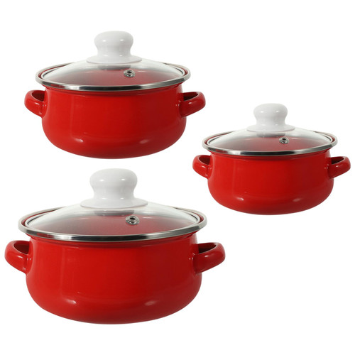 MAGICLULU 3pcs Enamel Stockpot with Lid, Binaural Stew Pot Retro Cooking Pot Vintage Stew Bean Simmers Pot Kitchen Soup Pot with Handle for Induction Cookers Red