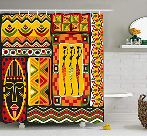 Ambesonne African Decorations Collection, African Elements Decorative Historical Original Striped and Rectangle Shapes Artsy Work, Polyester Fabric Bathroom Shower Curtain Set with Hooks, Multi