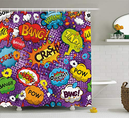Ambesonne Retro Shower Curtain by, Comic Book Style Speech Bubbles Effects Humorous Fun Pop Art Contemporary Design, Fabric Bathroom Decor Set with Hooks, 70 Inches, Multicolor