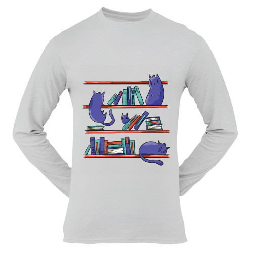 Gift Idea for Pet Lovers Library Cats Illustration Cats Climbing Bookshelf Grey and Muticolor Unisex Long Sleeve T Shirt