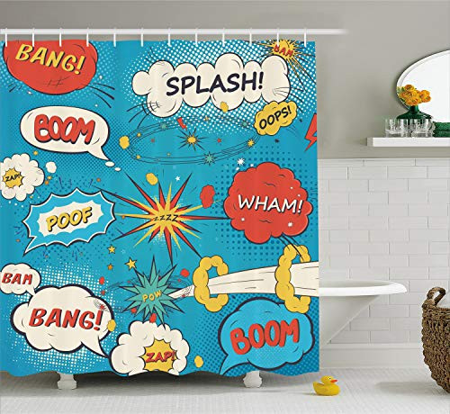 Ambesonne Superhero Shower Curtain by, Pop Art Style Comic Speech Bubbles Funny Humor Expressions Boom Splash Bang, Fabric Bathroom Decor Set with Hooks, 70 Inches, Blue Cream Red
