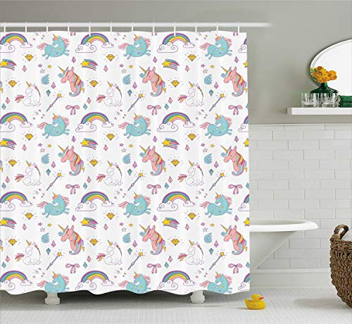 Unicorn Home and Kids Decor Shower Curtain by Ambesonne, Magic Unicorn Forms with Colorful Fantasy Cloud and Rainbow Pattern, Fabric Bathroom Decor Set with Hooks, 70 Inches, Multi