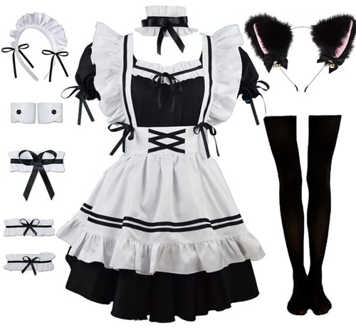 Rickem Ladies Anime Cosplay French Black white bow Apron Dress Halloween Makeup Costume (Large, Black)