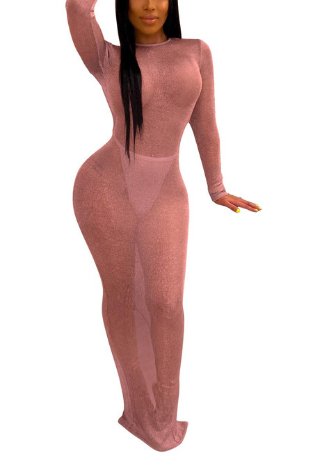 Aro Lora Women's Sexy Backless Glitter See Through Long Sleeve Slit Club Bodycon Maxi Dress Medium Khaki Aro Lora Women's Sexy Backless Glitter See Through Long Sleeve Slit Club Bodycon Maxi Dress Medium Khaki