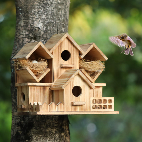 4 Hole Bird Houses for Outside Bird feeder Handmade Natural Bird House for 4 Bird Families Outdoor Bird House for Bluebird Finch Cardinals Bird Houses for Outside Clearance Hanging Birdhouse for Garde