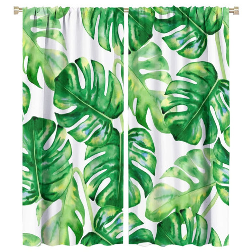 Tropical Green Plant Curtain Watercolor Botanical Banana Leaf Blackout Print Rod Pocket Window Drapes for Bedroom Living Room 42x45in