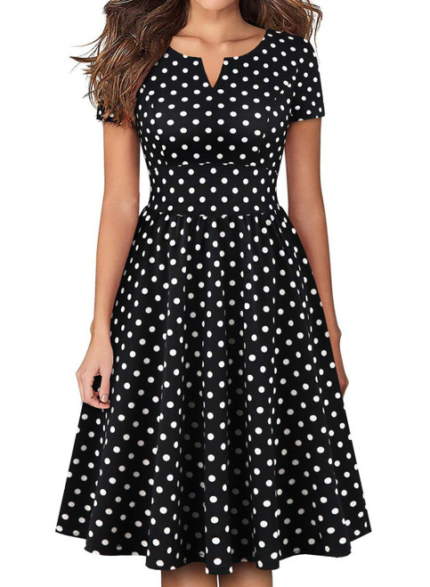 YATHON Women's Vintage Fit and Flare Cocktail Dresses Retro Black White Polka Dot Printed Summer Aline Casual Work Swing Dress with Sleeves (M, YT028-Black Dot)
