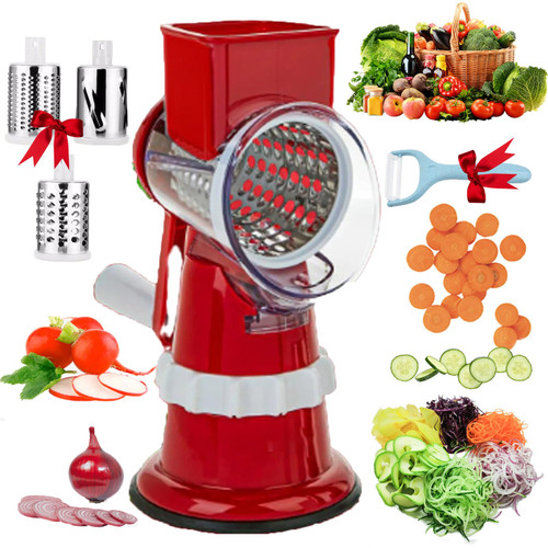 Slicier M - Kitchen Master, Slicier - Rotary Grater Master, Rotary Cheese Grater Cheese Shredder, Cheese Grater Hand Crank, Rotary Cheese Grater With Handle, Cheese Shredder,3 Drum Blades (A-Red)