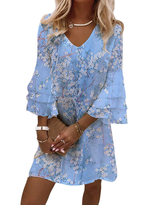 HOTYD Beach Loose V Neck 3/4 Sleeve Bell Sleeve Dress Comfy Casual Knee Length Linen Beach Dress Floral Linen Mini Dress Spring Dress Flowy Plus Size Dresses Boho Dress White Floral XL