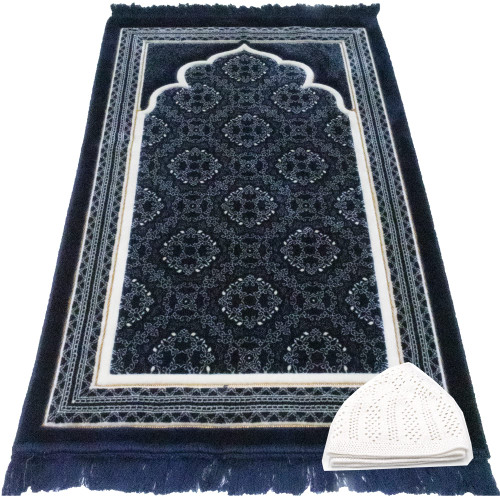 Modefa Turkish Islamic Prayer Rug - Soft Velvet Janamaz Praying Carpet - Comfortable Muslim Praying Mat for Men & Women - Ramadan or Eid Gift - with Kufi Prayer Cap - Elegant Swirl (Dark Blue)