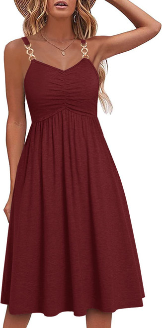 Soesdemo Summer Dresses for Women Sleeveless V Neck Spaghetti Strap A Line 2023 Fashion Sundresses Casual Wine Red Dress with Pockets for Wedding/Graduation/Spring/Beach