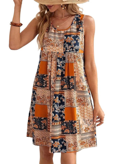 Boho Floral Sun Dresses for Women Summer Casual Loose Sleeveless Knee Length Flowy Swing Dress Beach Sundress Orange