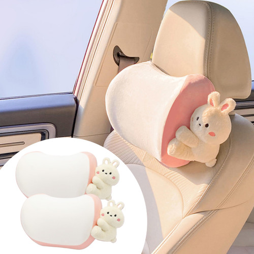 Car Headrest Pillow 2PCS Plush Bear ? Bunny Car Seat Headrest Pillow - Memory Foam Neck Support Cushions for Comfortable Driving, Easy Install & Washable (Pink)