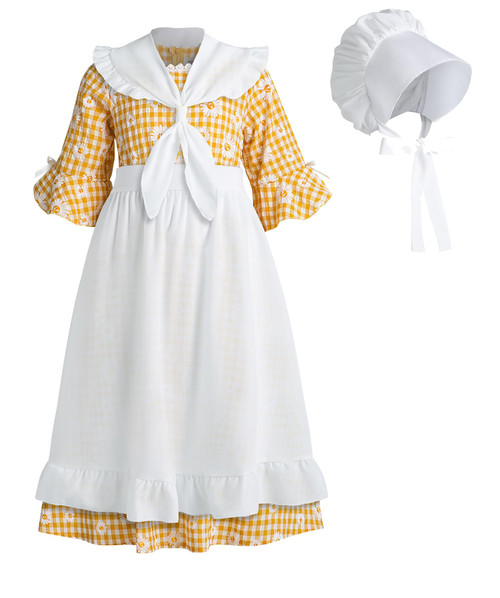 FORTMAC Prairie Dresses for Girls Pioneer Costume Colonial Costume with Pioneer Bonnet Yellow 4-5Y FORTMAC Prairie Dresses for Girls Pioneer Costume Colonial Costume with Pioneer Bonnet Yellow 4-5Y