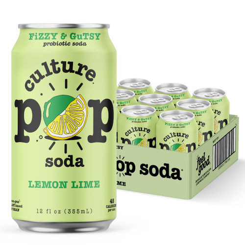 Culture Pop Soda Sparkling Probiotic Drink, 45 Calories Per Can, Vegan Soda for Gut Health, Non-GMO, GF, No Added Sugar, 12 Pack, 12 Fl Oz Cans, Lemon Lime