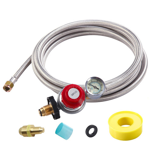 12FT High Pressure Propane Regulator with Hose, Adjustable 0-30 PSI Regulator with Gauge, Stainless Steel Braided Hose, Connect 5-100LB POL Propane Tank to Fire Pit Burner Heater Fryer Smoker Griddle