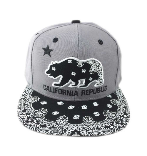 3D Embroidered California CARepublic Cali Bear Paisley Bandana Floral Flat Bill Hip Hop Cap Hat Visor (Black Gray)