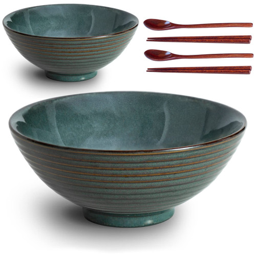 Auanlay 8 Inch Ceramic Ramen Bowl Set of 2, 40 oz Porcelain Japanese Udon Soba Pho Asian Soup Noodle Bowls with Chopsticks and Spoons, Green Auanlay 8 Inch Ceramic Ramen Bowl Set of 2, 40 oz Porcelain Japanese Udon Soba Pho Asian Soup Noodle Bowls with Chopsticks and Spoons, Green