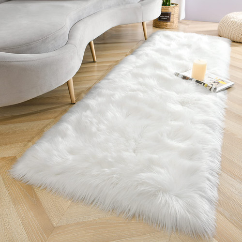 LOCHAS Soft Fluffy White Faux Fur Rugs for Bedroom Bedside Rug 2x5 Feet, Washable, Furry Sheepskin Area Rug for Living Room Girls Room, Luxury Shag Carpet Home Decor