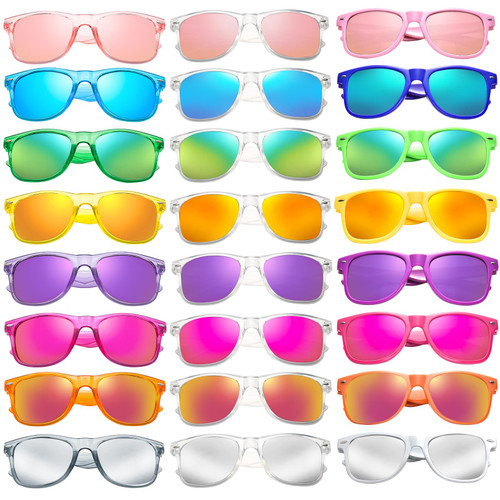 Pibupibu 24 Pack Mixed Style Neon Sunglasses Bulk Adult, Wholesale Retro 80s 90s Mirror Colorfed Sunglasses Party Favors Unisex Glasses