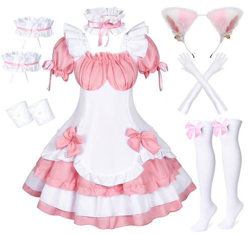 Anime French Maid Lolita Fancy Queen Princess Dress Cosplay Costume Furry Cat Ear Gloves Socks set?Pink 4XL?