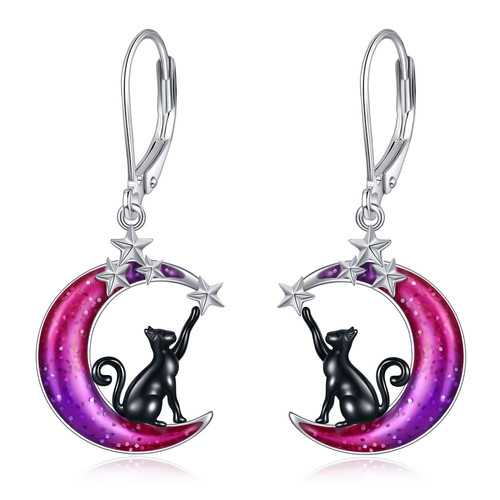 VONALA Colorful Moon Black Cat Earrings for Women 925 Sterling Silver Cat Moon Leverback Earrings Dangle Black Cat Jewelry Birthday Gifts for Her VONALA Colorful Moon Black Cat Earrings for Women 925 Sterling Silver Cat Moon Leverback Earrings Dangle Black Cat Jewelry Birthday Gifts for Her