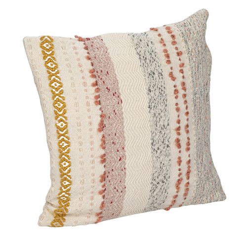 Creative Co-Op Woven Cotton Blend Pillow with Stripes and Embroidery, Multicolor, Square, Multi