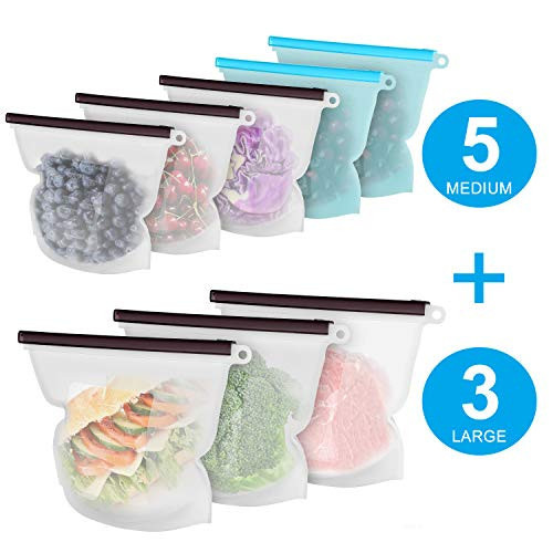 Reusable Silicone Food Storage Bags, 8 Pack(3xLarge & 5xMedium) Airtight Seal Preserving Food Bags for Sandwich/Sous Vide/Liquid/Snack/Lunch/Fruits/Meat, Freezer Storage, Microwave, Dishwasher Safe