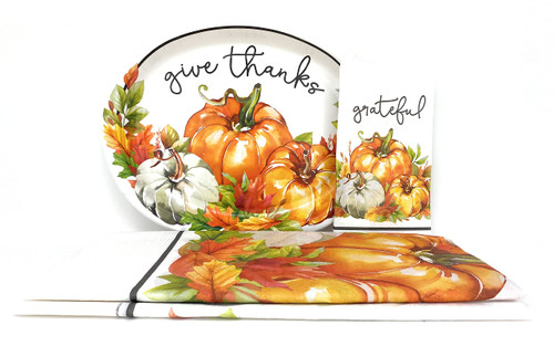 Give THANKS Pumpkins and Leaves Fall Harvest Thanksgiving Holiday Luncheon Dinnerware Disposable Paper Party Supplies Set - Paper Table Cover, Oval Dinner Plates and Napkins Bundle - Service for 16