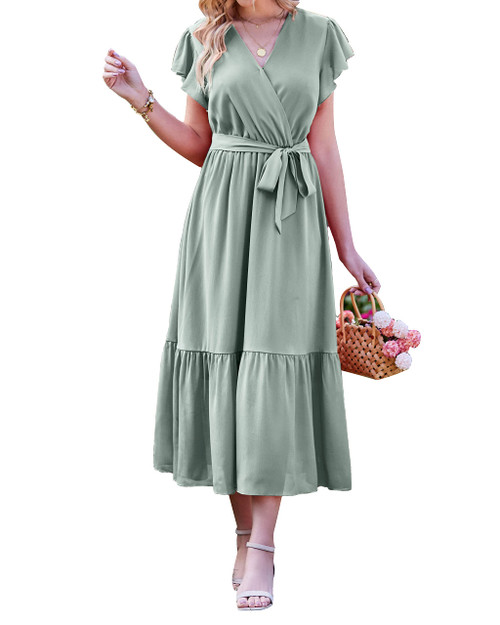 BTFBM Women Summer Bohemian Floral Casual Wrap V Neck Ruffle Cap Sleeveless Belt A-Line Pleated Hem Swing Midi Sun Dress (Solid Green, Medium) BTFBM Women Summer Bohemian Floral Casual Wrap V Neck Ruffle Cap Sleeveless Belt A-Line Pleated Hem Swing Midi Sun Dress (Solid Green, Medium)