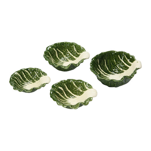 Creative Co-Op Hand-Painted Cabbage Shaped Stoneware, Set of 4 Bowl, Green, 4